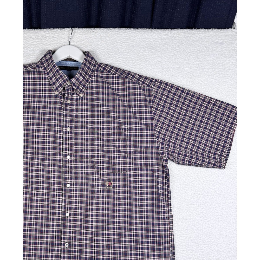 VTG 2000 Tommy Hilfiger Short Sleeve Button Up Shirt Plaid Blue Red XL Fits XXL